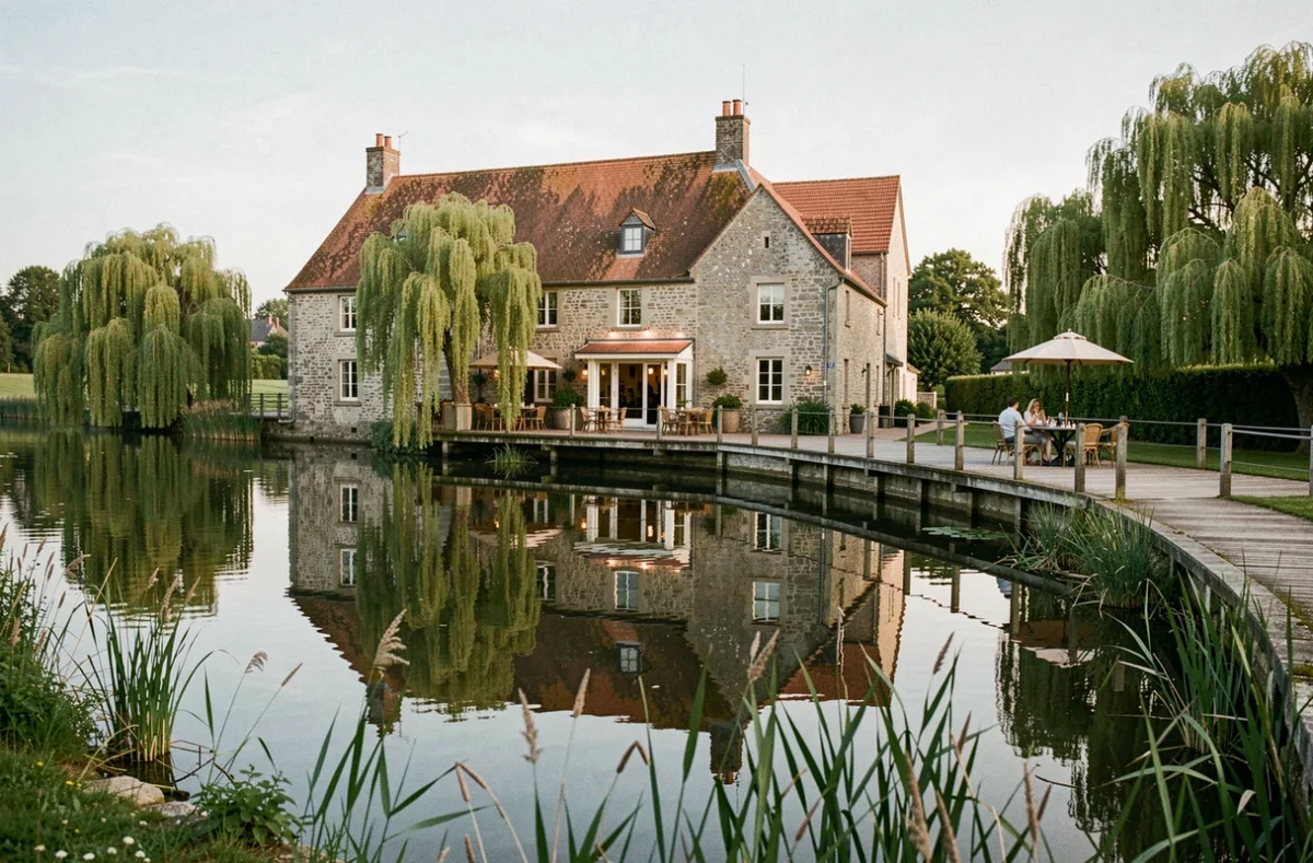 Le Moulin de Connelles vu depuis la rivière, reflet du bâtiment en pierre dans l'eau calme avec une terrasse de restaurant au bord de l'eau