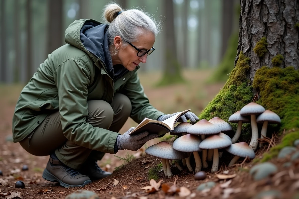 Mycologue femme en forêt identifiant des tricholomes gris au sol avec un guide de terrain, scène naturaliste d'observation mycologique automnale
