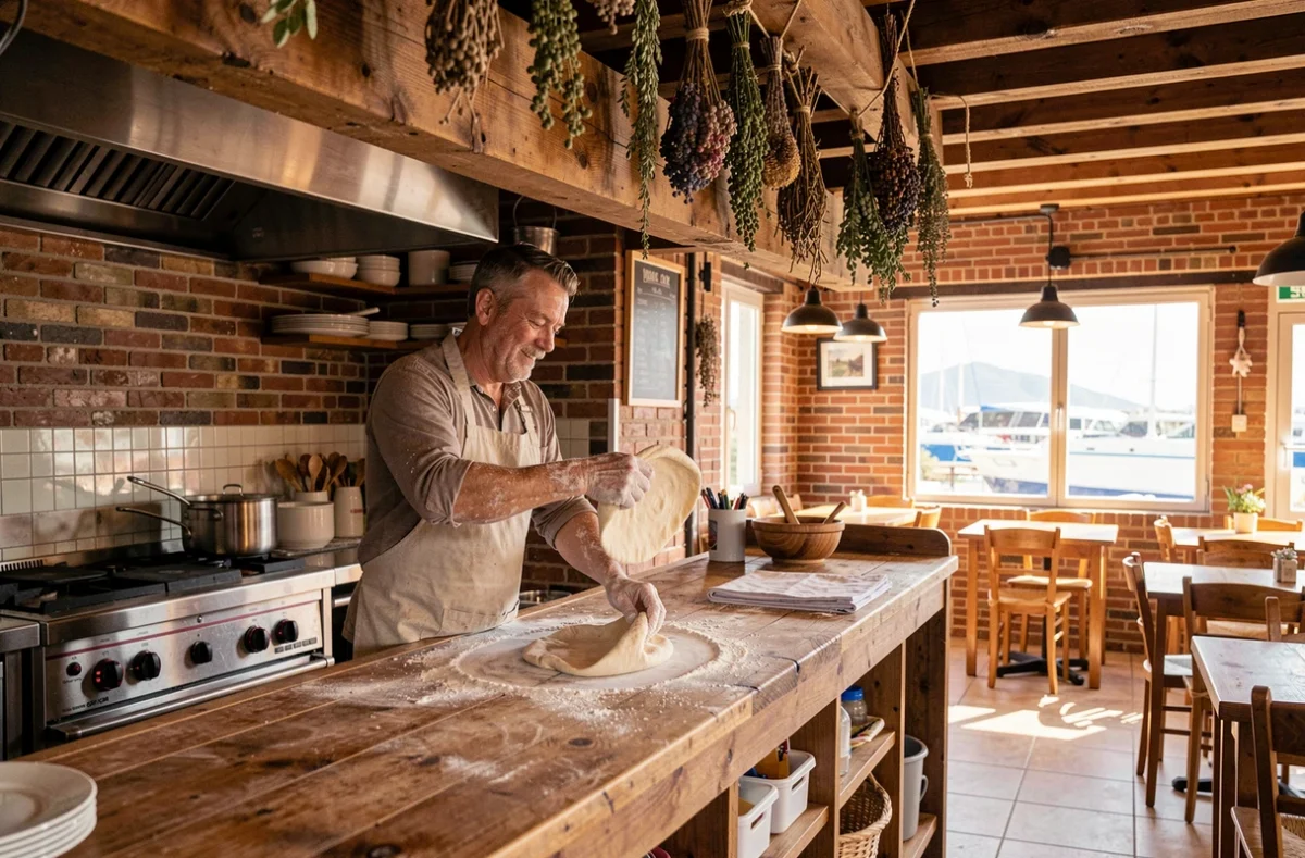 Pizzaiolo de l'Osteria à Gujan-Mestras faisant tournoyer la pâte à pizza dans sa cuisine ouverte
