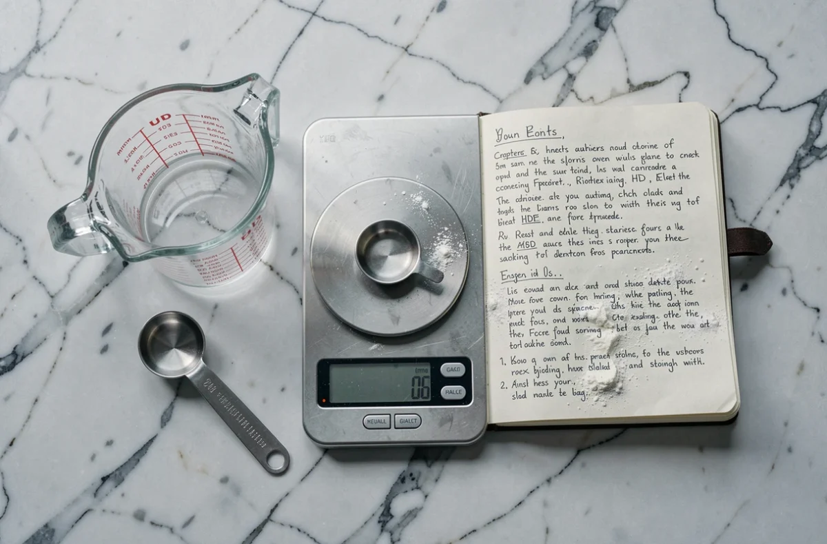 Vue de dessus d'outils de mesure en pâtisserie sur marbre blanc : balance numérique, verre doseur et carnet de recettes