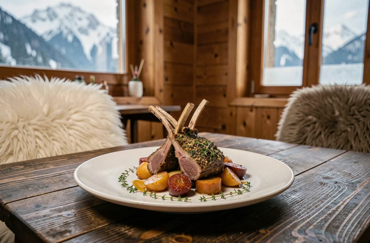 Côtelette d'agneau du Vercors en croûte d'herbes sur céramique blanche au restaurant Palégrié Chez l'Henri à Autrans-Méaudre-en-Vercors, une étoile Michelin