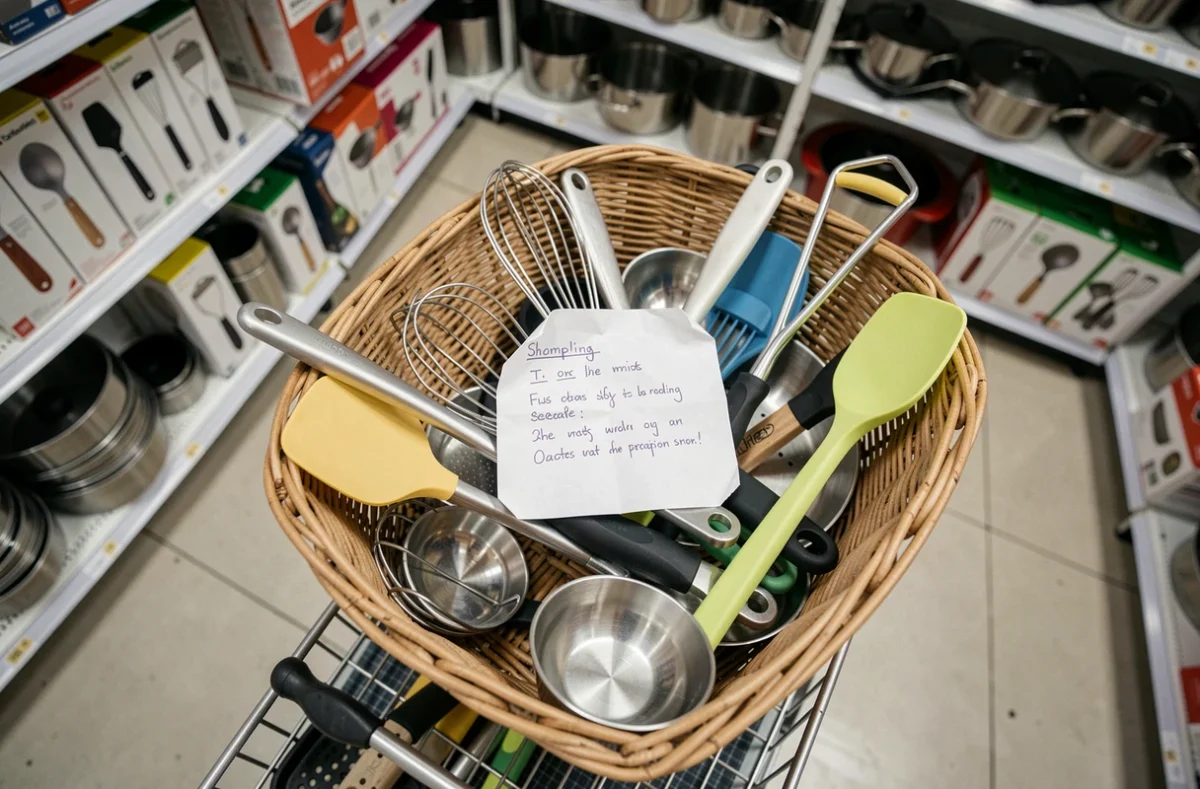 Panier de courses rempli d'ustensiles de cuisine dépareillés avec une liste de courses froissée dans un magasin