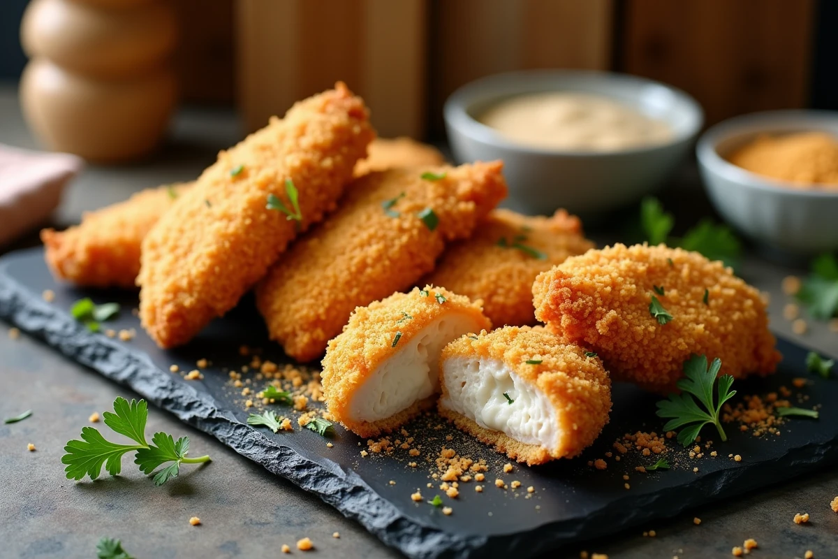 Panure de poulet croquante sans friture disposée sur une ardoise avec des herbes fraîches et une sauce