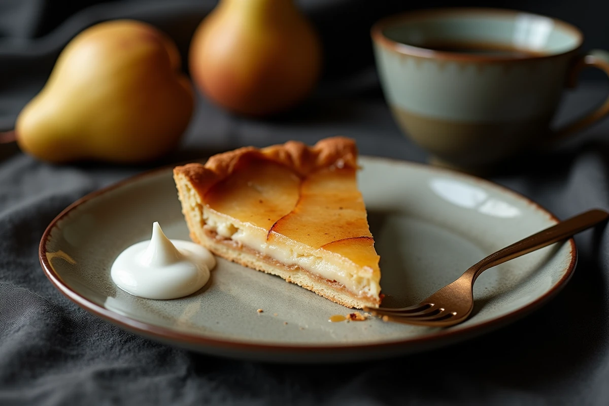 Part de tarte aux poires servie sur une assiette céramique avec crème fraîche et café