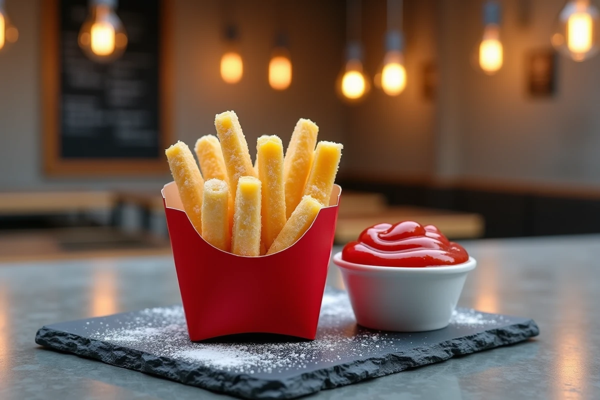 Fausses frites sucrées en sablé et pâte de fruit servies dans un packaging fast food, pâtisserie trompe l'oeil originale