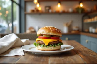 Faux burger en pâtisserie trompe l'oeil réalisé en gâteau, fondant et massepain sur une table de café parisien
