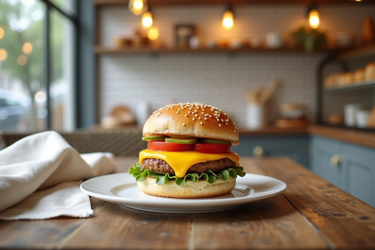 Faux burger en pâtisserie trompe l'oeil réalisé en gâteau, fondant et massepain sur une table de café parisien