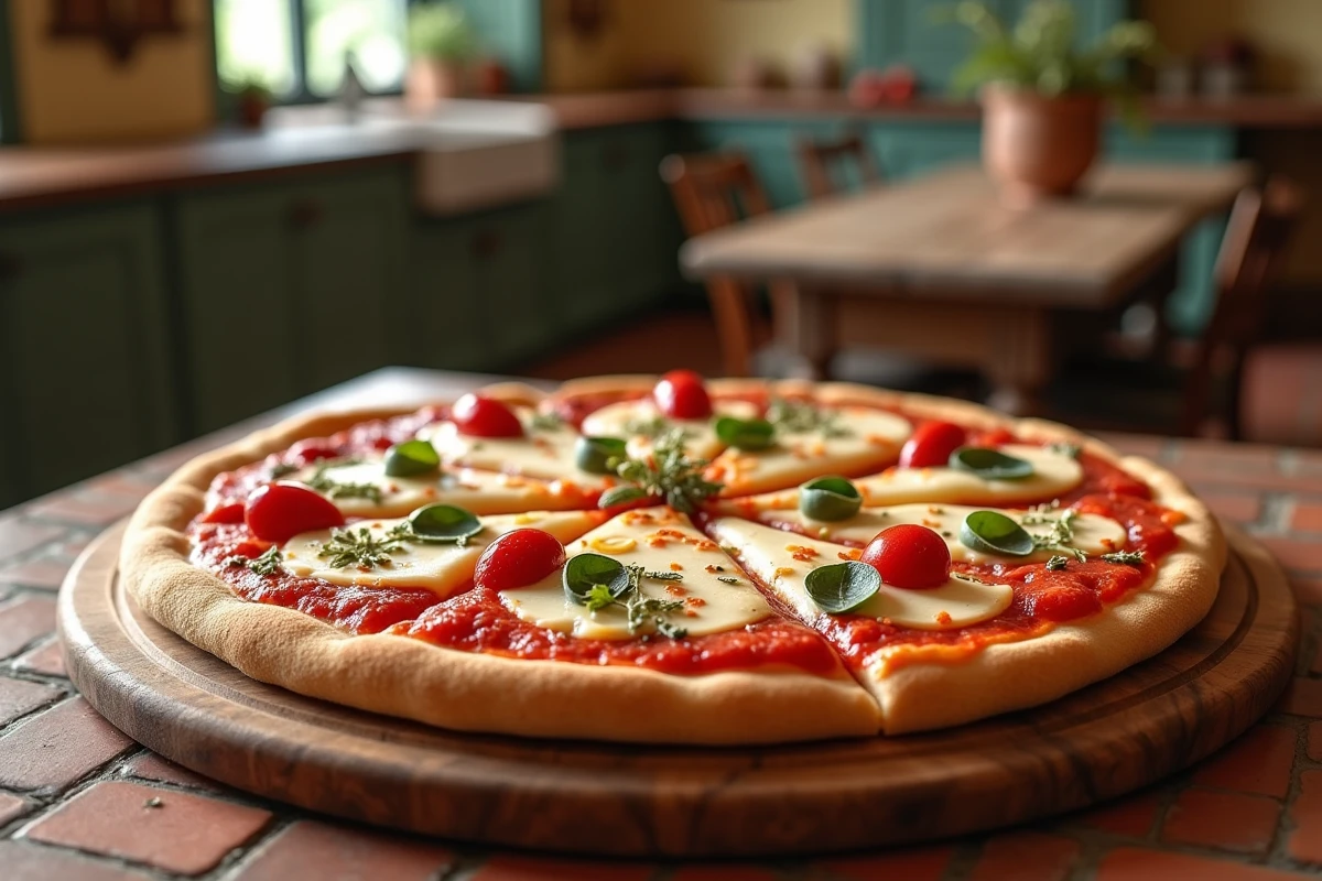 Pizza trompe l'oeil entièrement réalisée en pâtisserie sucrée avec sablé, chocolat blanc et fruits confits sur planche en bois