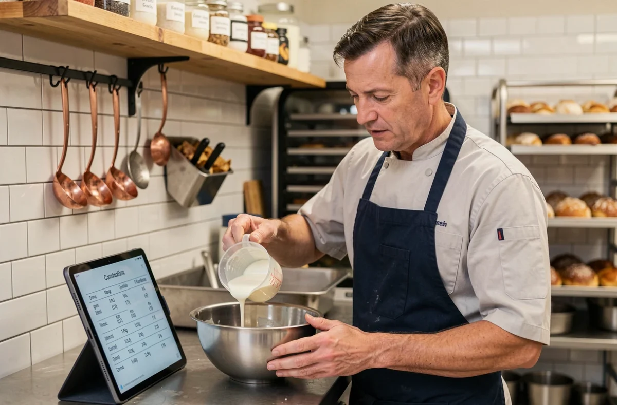 Pâtissier professionnel versant de la crème en consultant un convertisseur grammes centilitres sur tablette dans une boulangerie artisanale