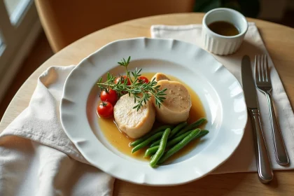 Paupiette de veau servie avec haricots verts et tomates cerises sur une table en bois clair, présentation élégante et légère