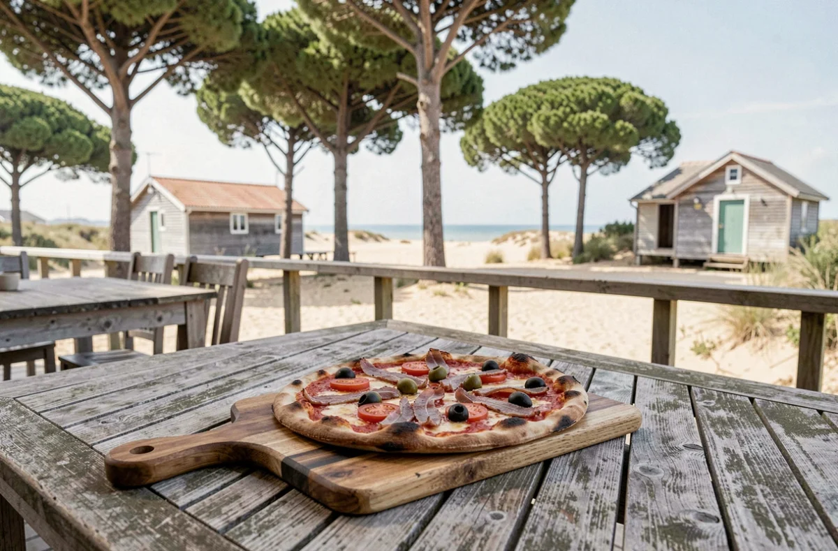 Pizza aux anchois et olives servie en terrasse au Pinasse Caffè de Lège-Cap-Ferret avec cabanes ostréicoles en arrière-plan