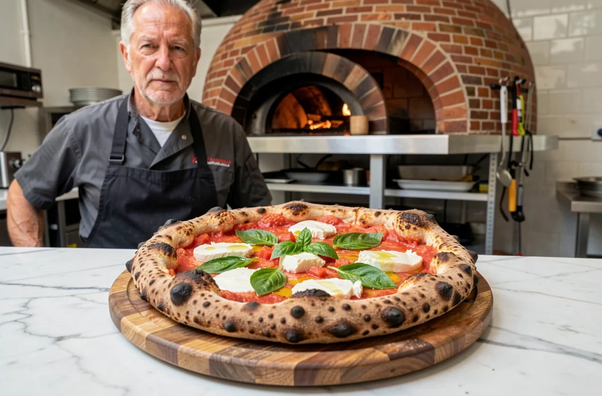 Pizza napolitaine pure de Pizz'Artisanale à Toulouse avec croûte léopard sur planche en bois et four à bois en arrière-plan