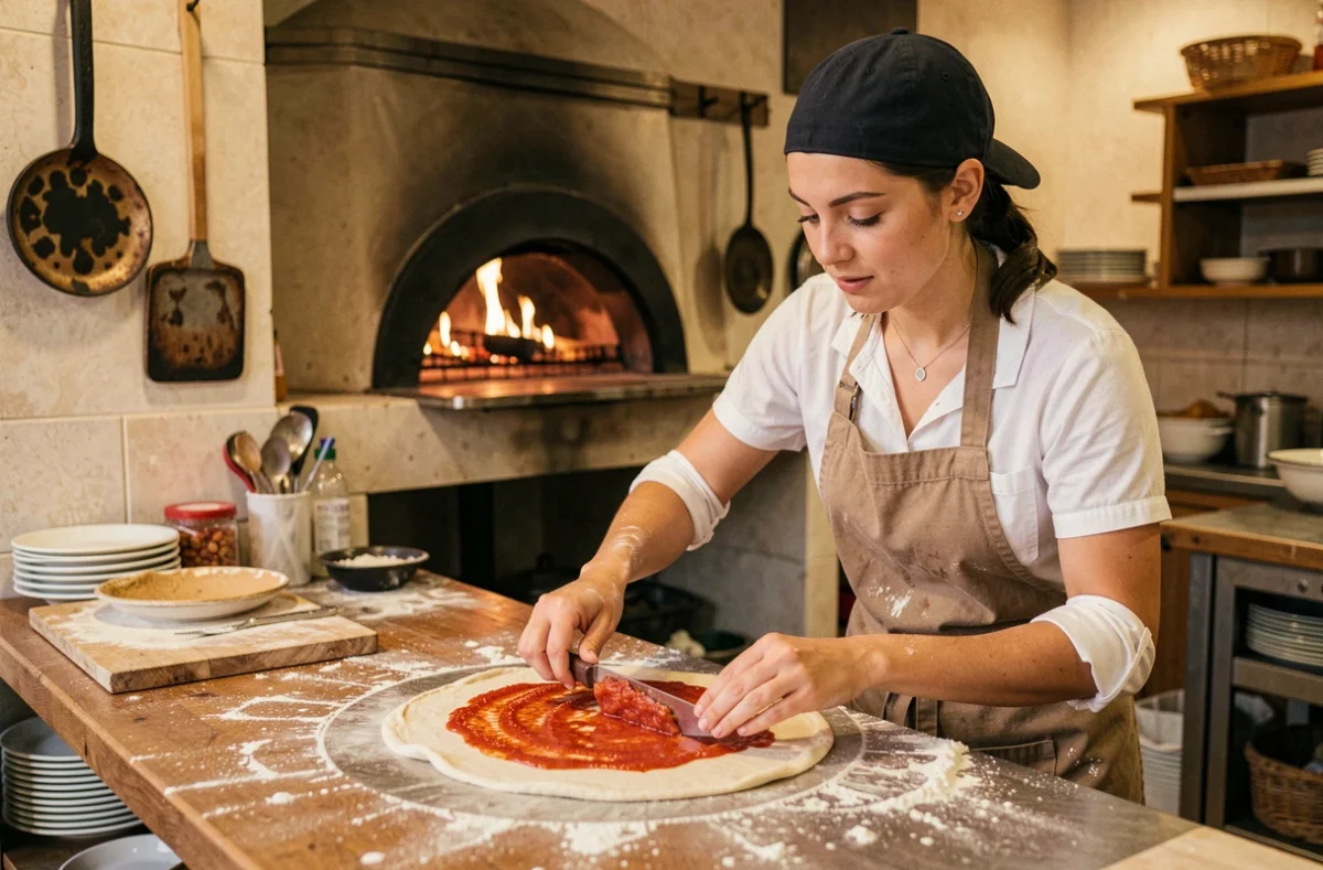 Jeune pizzaiola de Pizza Nofa à Arcachon étalant la sauce tomate sur la pâte devant un four à bois