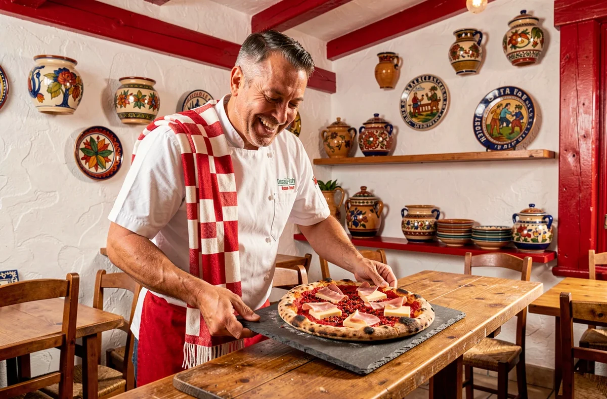 Pizzaiolo de Pizza Yoyo au Pays Basque présentant une pizza au piment d'Espelette et jambon de Bayonne