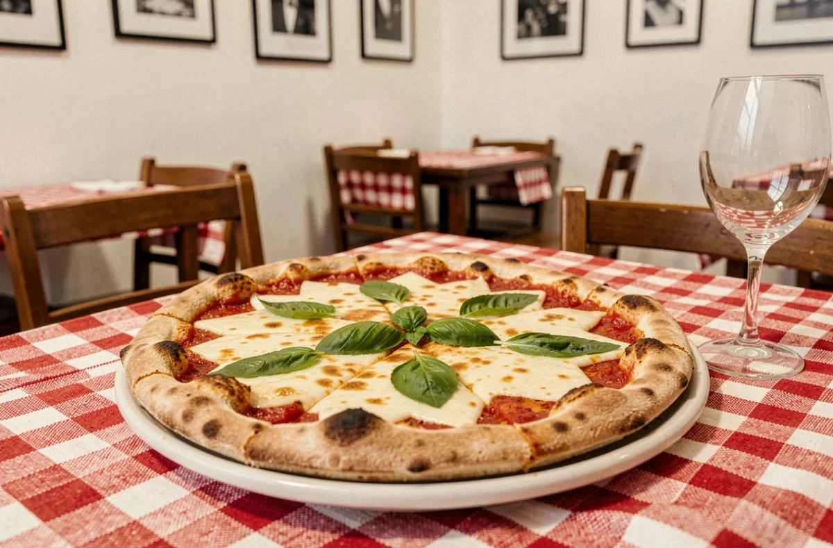 Pizza Stella spécialité de la Pizzeria d'Alexis dans le quartier Saint-Cyprien, avec croûte dorée et basilic frais