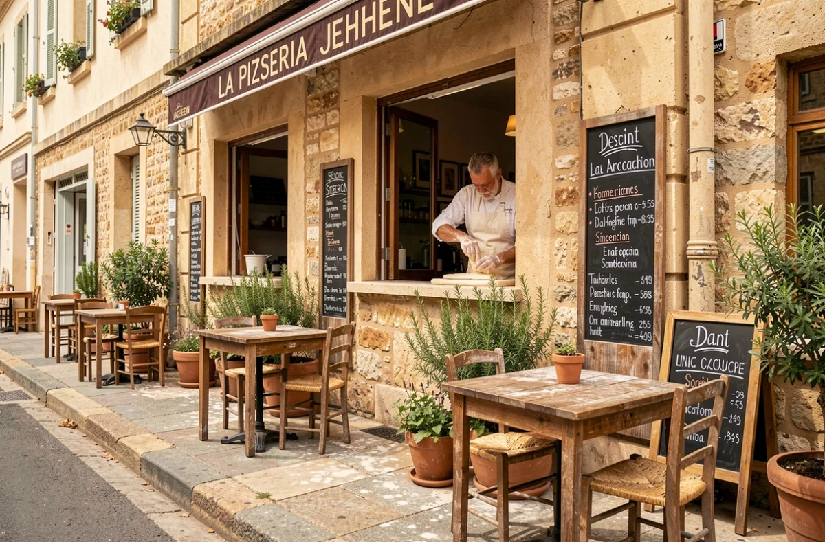 Terrasse et façade de la Pizzeria Jehenne à Arcachon avec pizzaiolo visible dans la cuisine ouverte