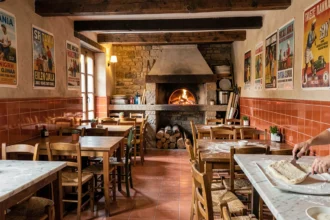 Intérieur authentique d'une pizzeria italienne en Nouvelle-Aquitaine avec four à bois et décor rustique