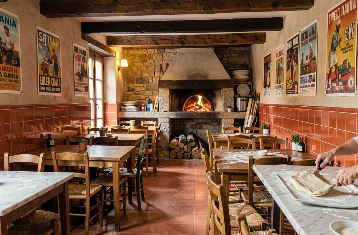 Intérieur authentique d'une pizzeria italienne en Nouvelle-Aquitaine avec four à bois et décor rustique