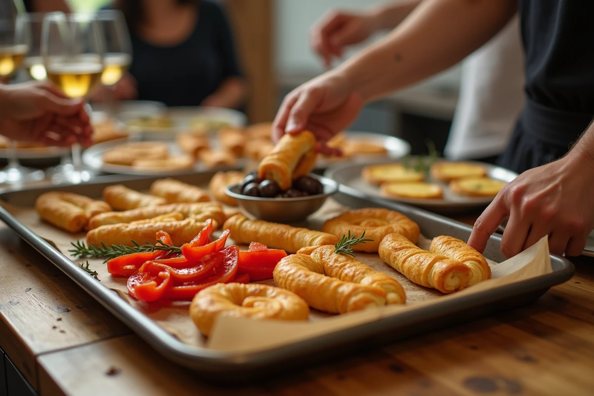 Plaque de four prête à servir pour un apéro dinatoire avec feuilletés dorés, mini-quiches et légumes rôtis sur un plan de cuisine