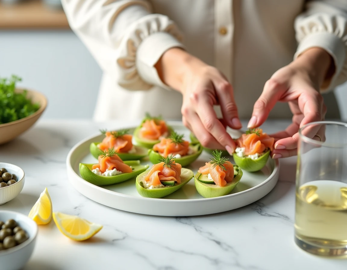 Plateau apéritif d'endives au saumon fumé sur marbre blanc avec verre de vin blanc et mains féminines arrangeant les bouchées