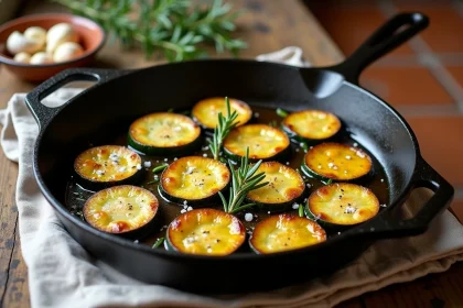 Poêlée de courgettes dorées dans une poêle en fonte sur une table en bois rustique avec thym frais et ail