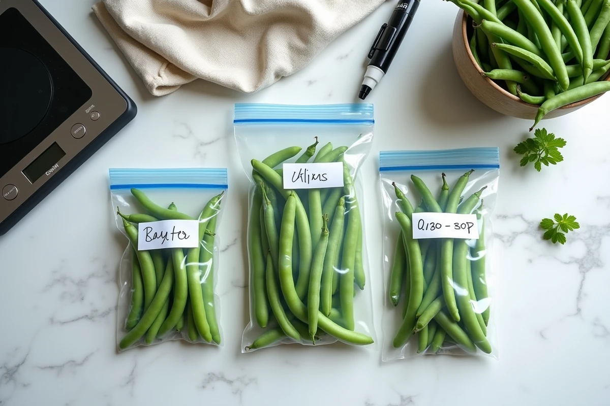 Vue du dessus de haricots verts frais portionnés dans des sacs de congélation étiquetés sur un plan de travail en marbre blanc