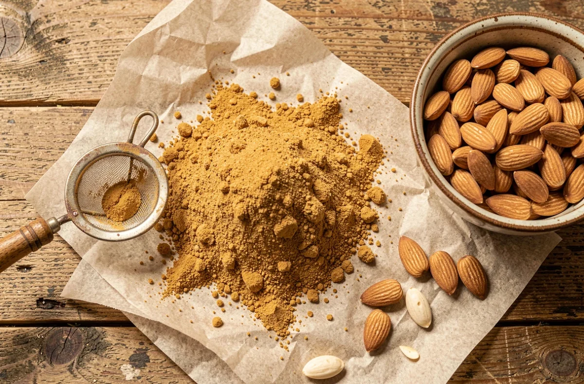 Vue aérienne de poudre d'amandes torréfiée sur papier cuisson avec un tamis et des amandes entières crues sur une table en bois