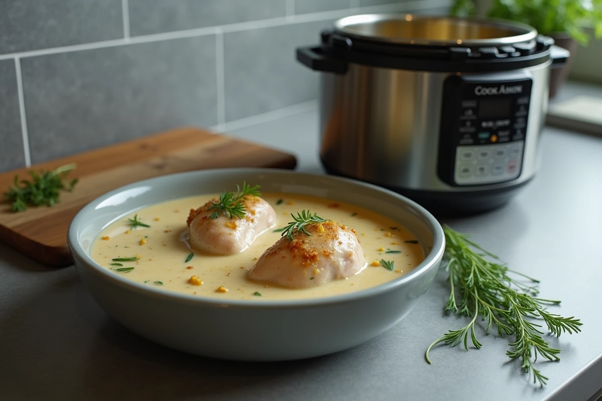 Cuisses de poulet à la crème en cours de cuisson dans un Cookeo ouvert sur un plan de travail de cuisine moderne