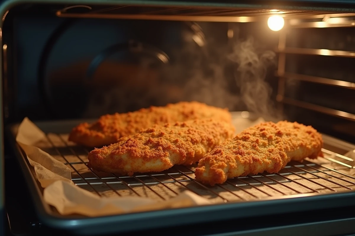 Filet de poulet pané doré au four sur une grille de refroidissement avec une croûte croustillante sans friture