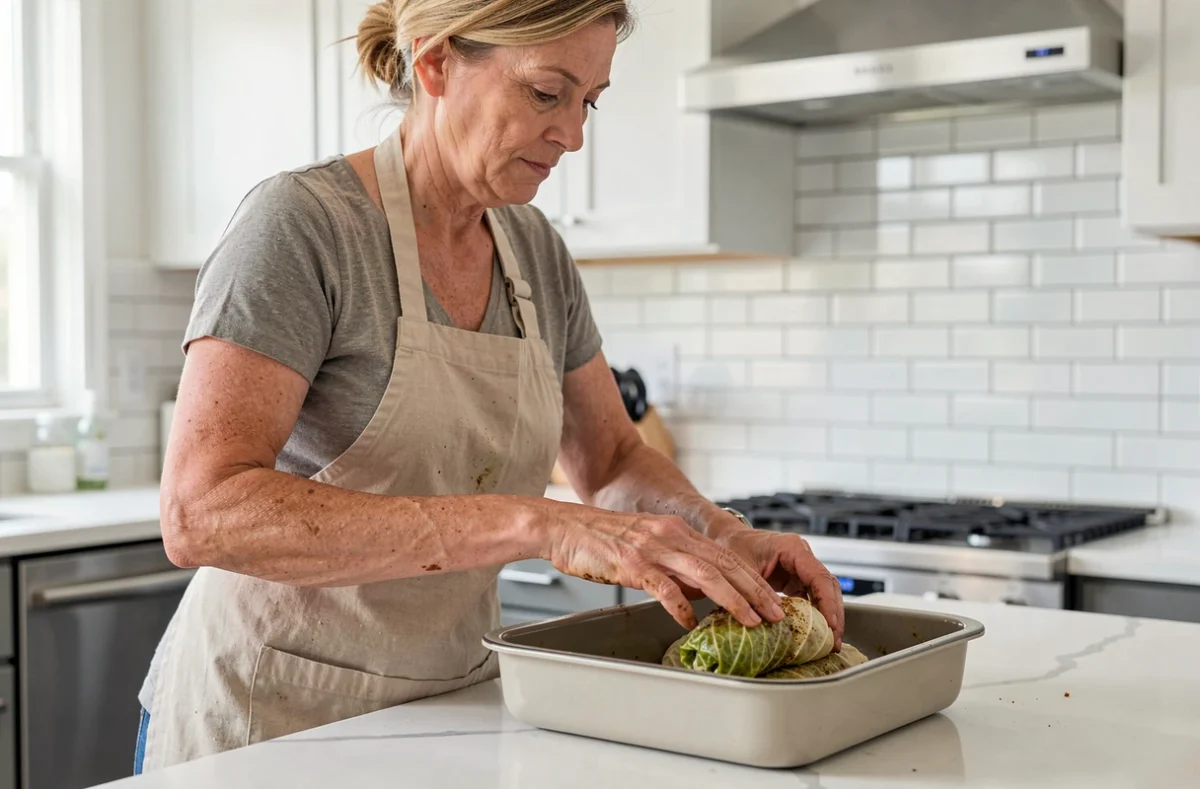 Femme préparant des choux farcis et les disposant dans un plat à four dans une cuisine moderne