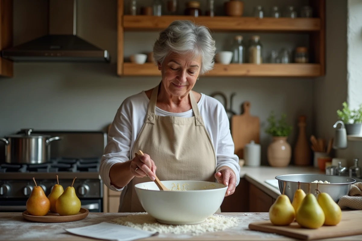 Femme préparant un gâteau poire grand-mère au yaourt dans une cuisine familiale traditionnelle