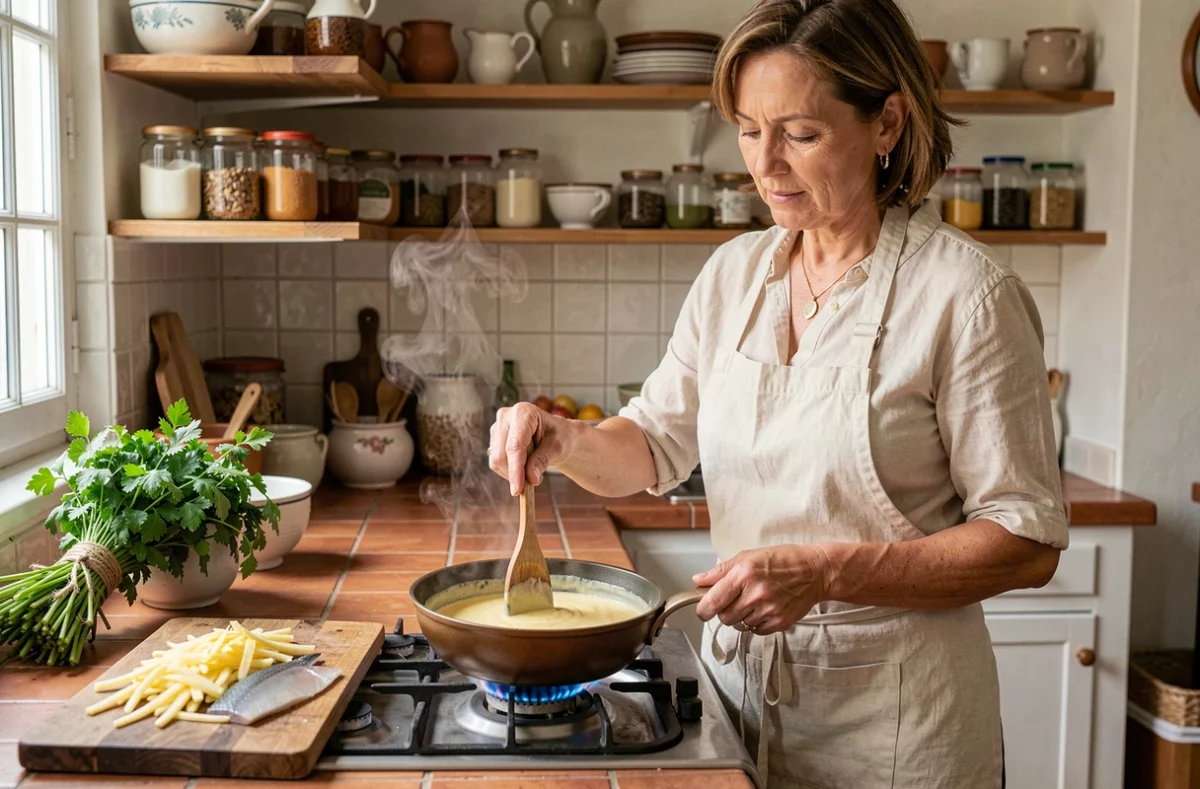 Femme cuisinant une sauce crémeuse citronnée pour une recette de julienne de poisson dans une cuisine familiale française traditionnelle