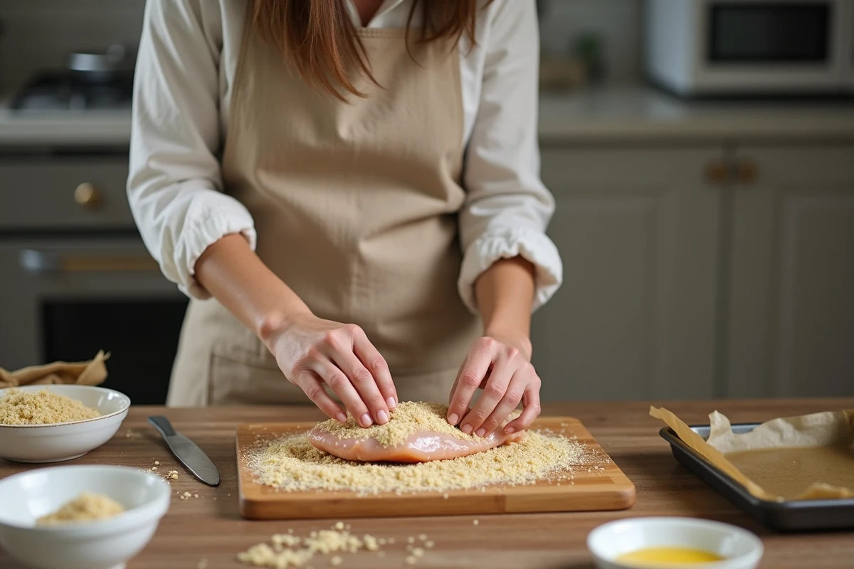 Femme en tablier préparant une panure de poulet maison avec chapelure panko sur une planche en bois