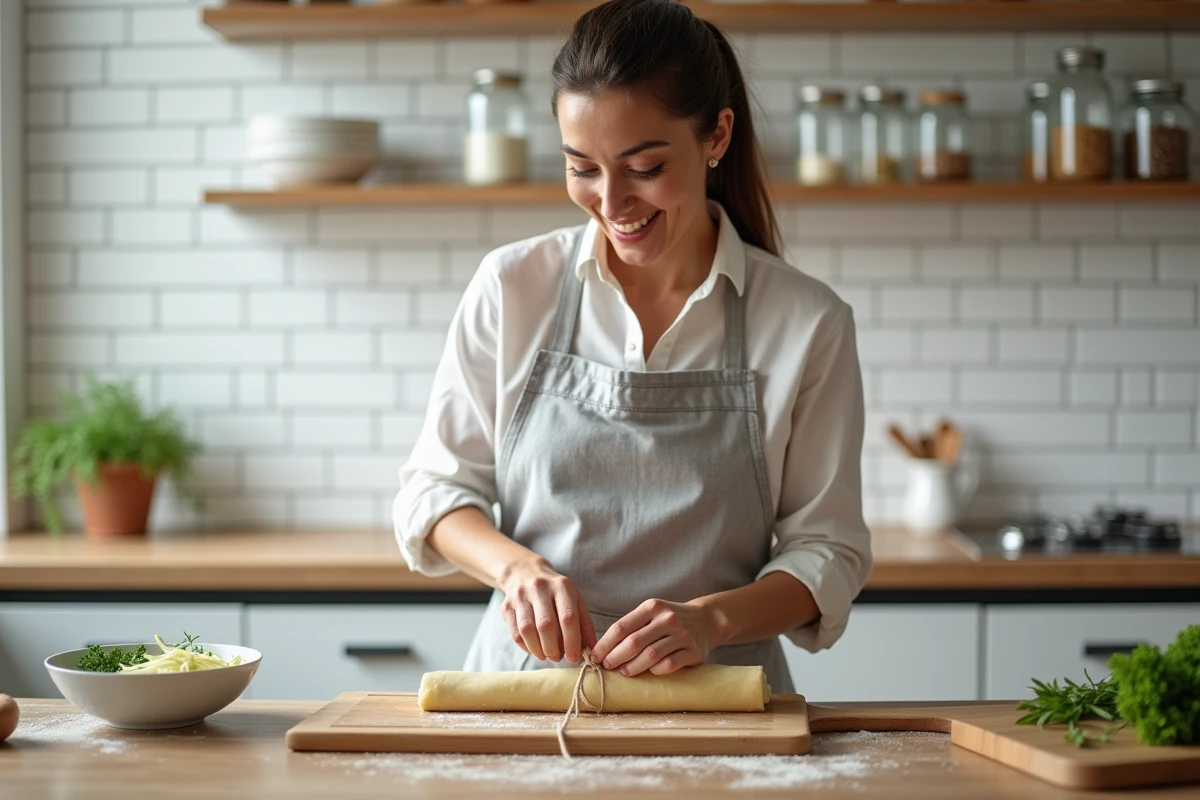 Femme préparant des paupiettes de veau maison dans une cuisine moderne, roulage et ficelage de la viande sur une planche en bois