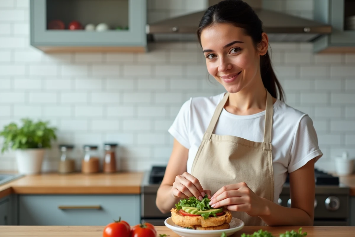 Femme préparant un sandwich pita healthy avec ful medames et avocat dans une cuisine moderne