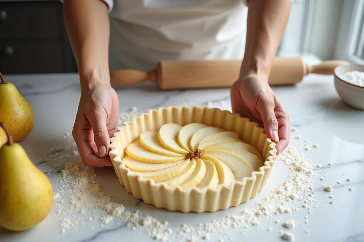 Mains préparant une tarte aux poires crue avec pâte maison et poires fraîches sur marbre