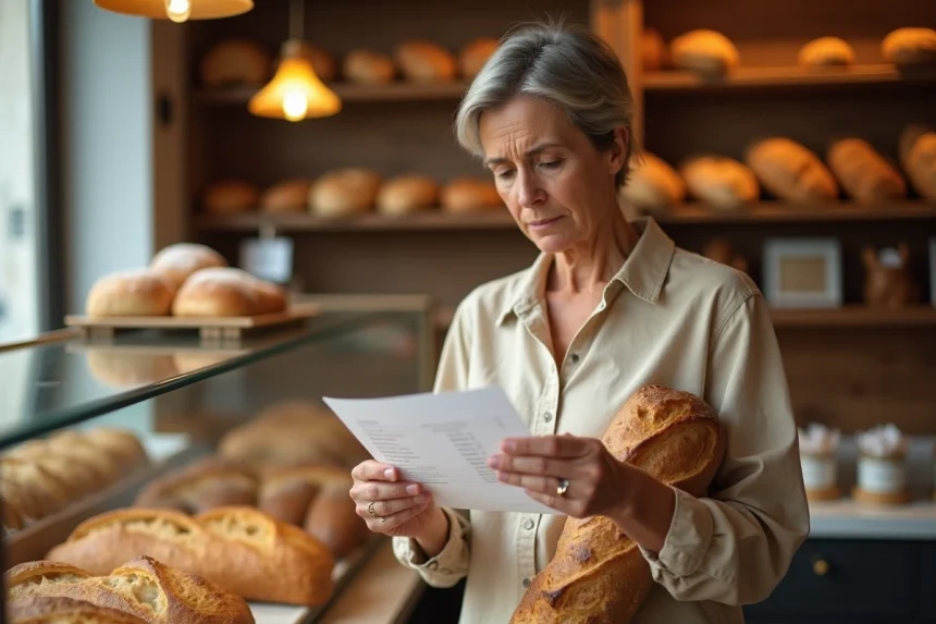 Femme examinant le ticket de caisse d'une boulangerie avec une baguette sous le bras, regard préoccupé face au prix affiché