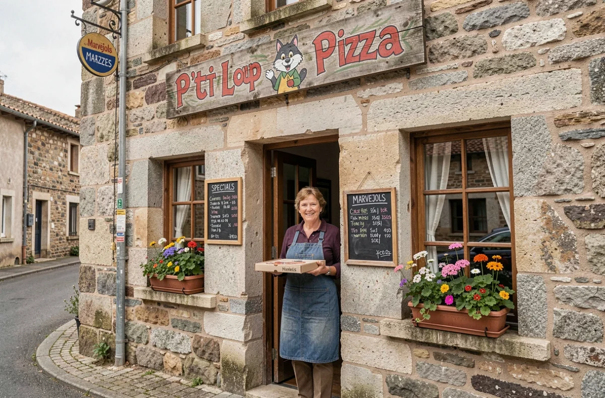 Façade en pierre de la pizzeria P'tit Loup Pizza à Marvejols avec sa propriétaire tenant une boîte à pizza devant l'entrée