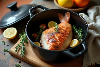 Queue de lotte entière dans une cocotte en fonte avec jus réduit, échalotes et citron sur plan de travail en bois rustique