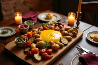 Plateau de raclette végétarienne avec fromage fondu, légumes grillés et pommes de terre dans un restaurant de Toulouse