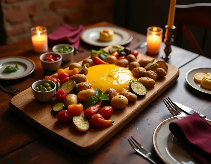 Plateau de raclette végétarienne avec fromage fondu, légumes grillés et pommes de terre dans un restaurant de Toulouse
