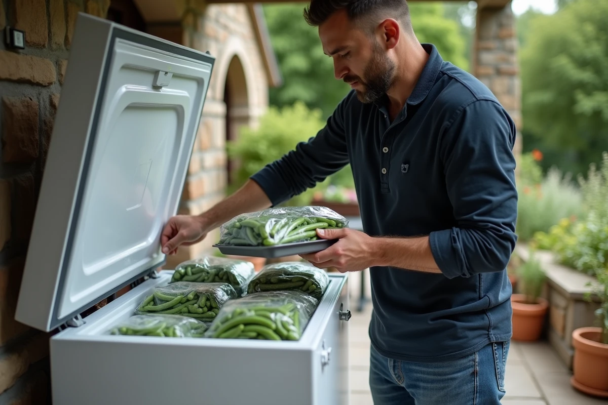 Homme rangeant des haricots verts congelés en plateau dans un congélateur coffre sur une terrasse en pierre avec des sacs étiquetés déjà stockés