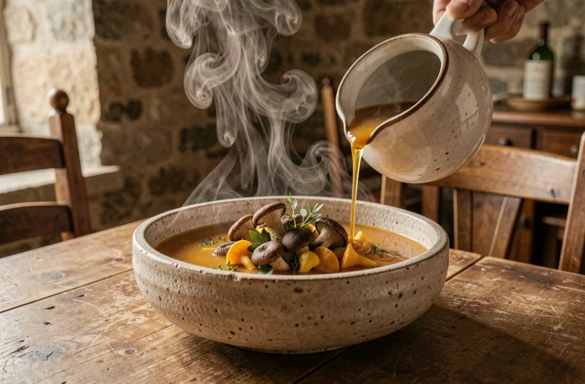 Bouillon de cèpes et herbes sauvages du restaurant Régis et Jacques Marcon à Saint-Bonnet-le-Froid, servi en bol de grès dans un intérieur en pierre de Haute-Loire
