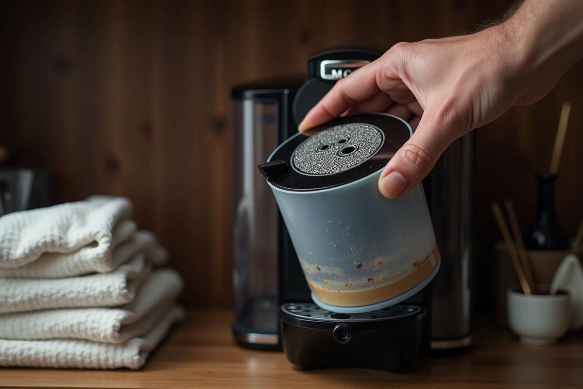 Gros plan sur le réservoir d'eau d'une machine Nespresso Magimix montrant des dépôts de calcaire à éliminer