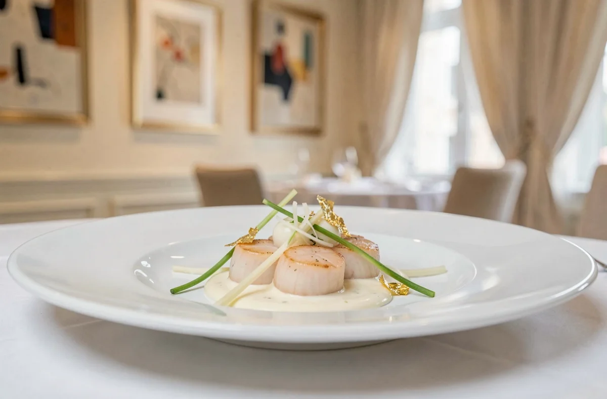 Plat signature du restaurant Anne-Sophie Pic à Valence, trois étoiles Michelin, avec coquilles Saint-Jacques et sauce au jasmin sur porcelaine blanche