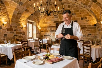 Intérieur d'un restaurant typique de Carcassonne avec murs en pierre, table dressée et charcuterie régionale