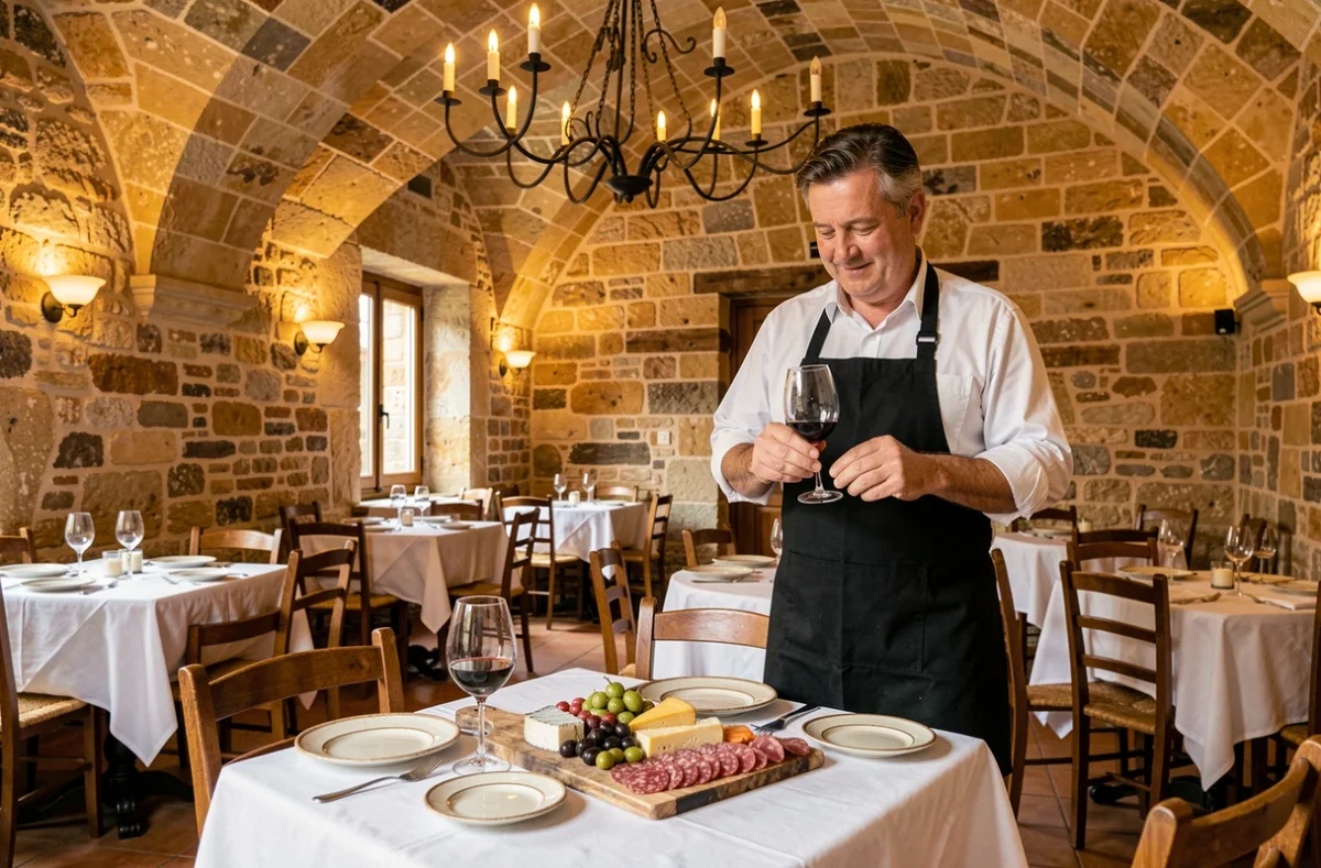 Intérieur d'un restaurant typique de Carcassonne avec murs en pierre, table dressée et charcuterie régionale