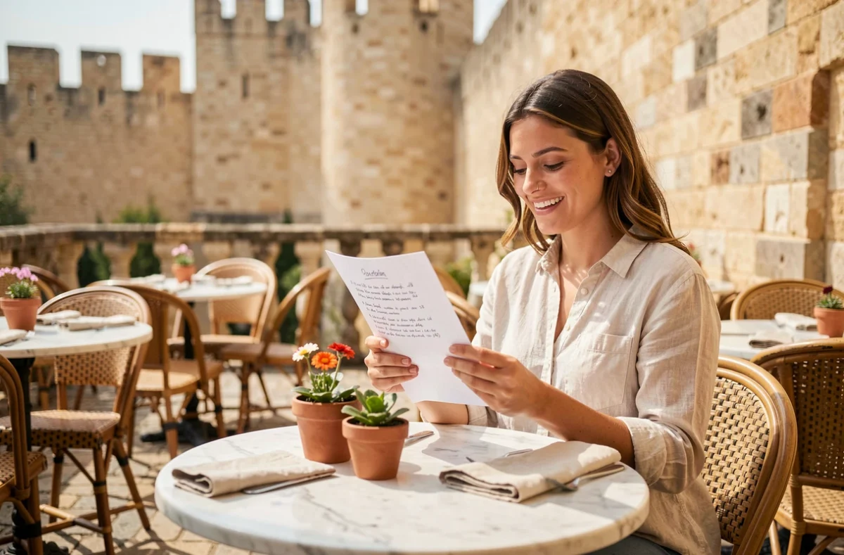 Terrasse ensoleillée d'un restaurant de Carcassonne avec vue sur les remparts médiévaux