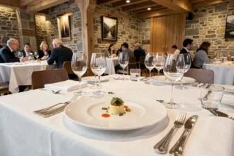 Table élégamment dressée dans un restaurant gastronomique étoilé d'Auvergne-Rhône-Alpes avec vaisselle fine et cadre en pierre