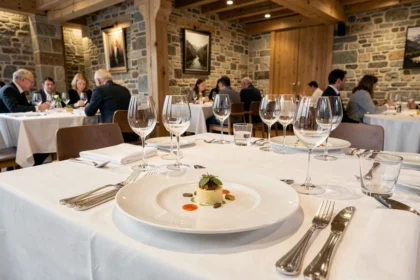 Table élégamment dressée dans un restaurant gastronomique étoilé d'Auvergne-Rhône-Alpes avec vaisselle fine et cadre en pierre